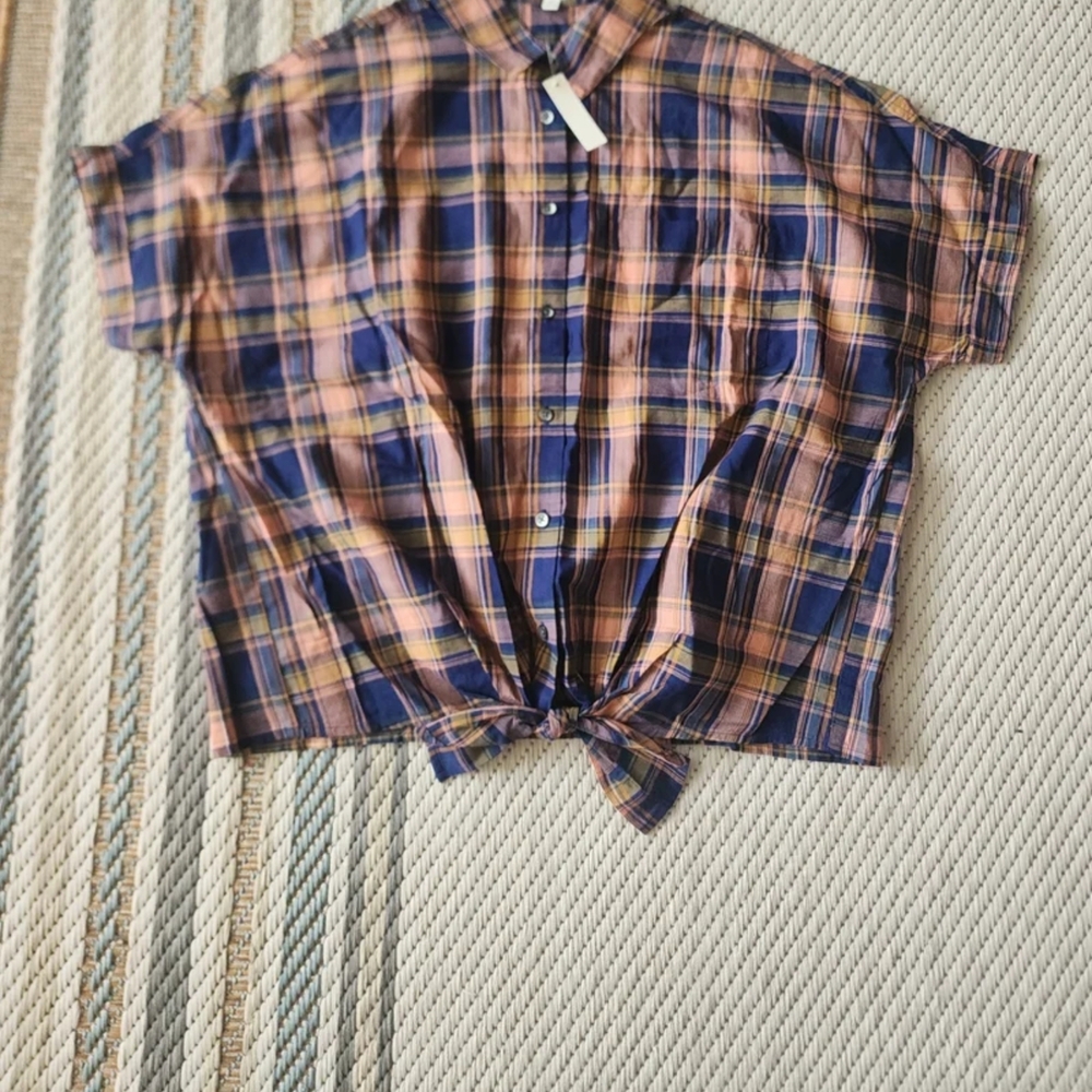 Plaid Button-Up Tie-Front Shirt